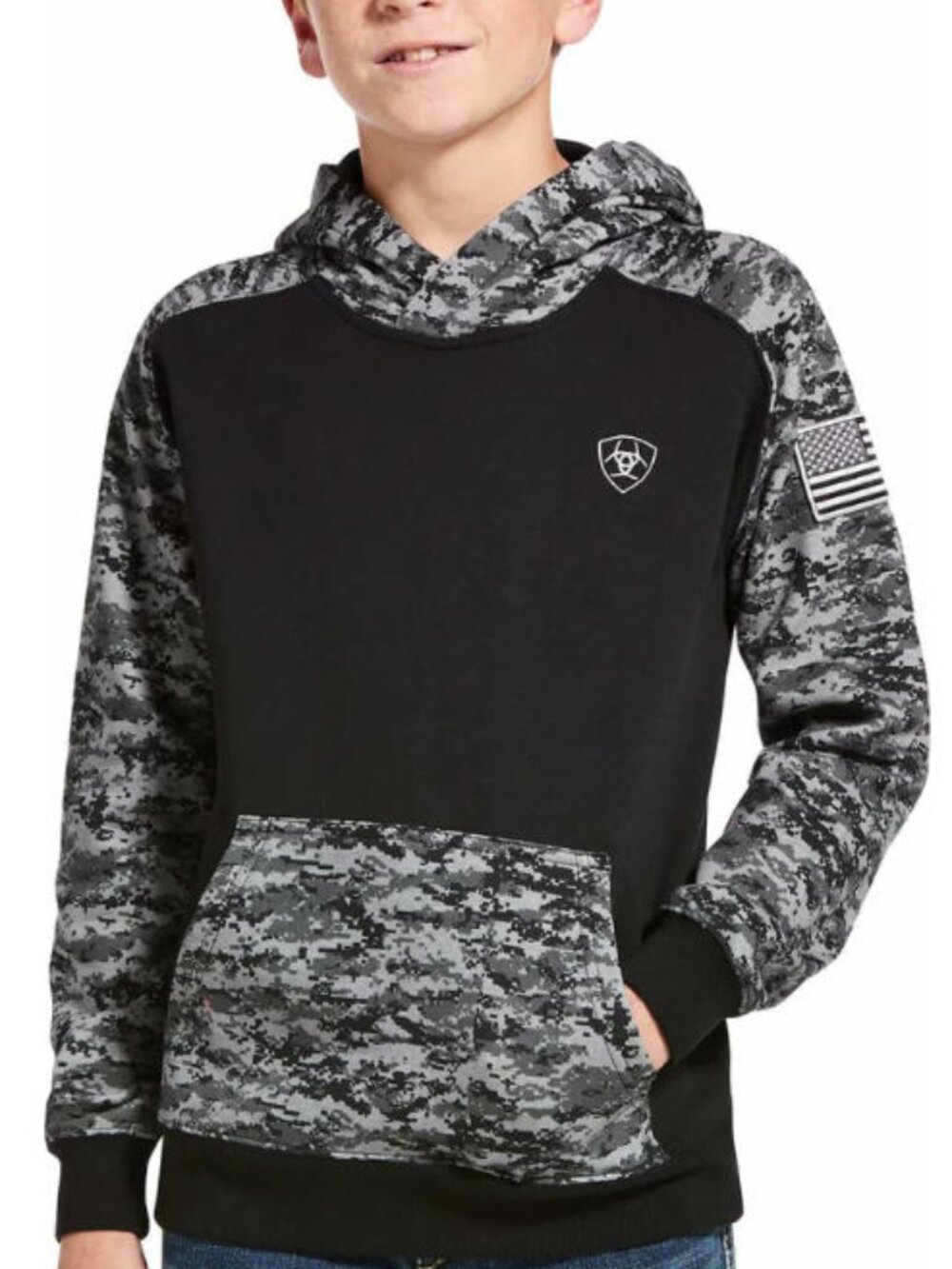 Ariat Boys’ Patriot Peached Fleece Hoodie – Black Camo | NWT
